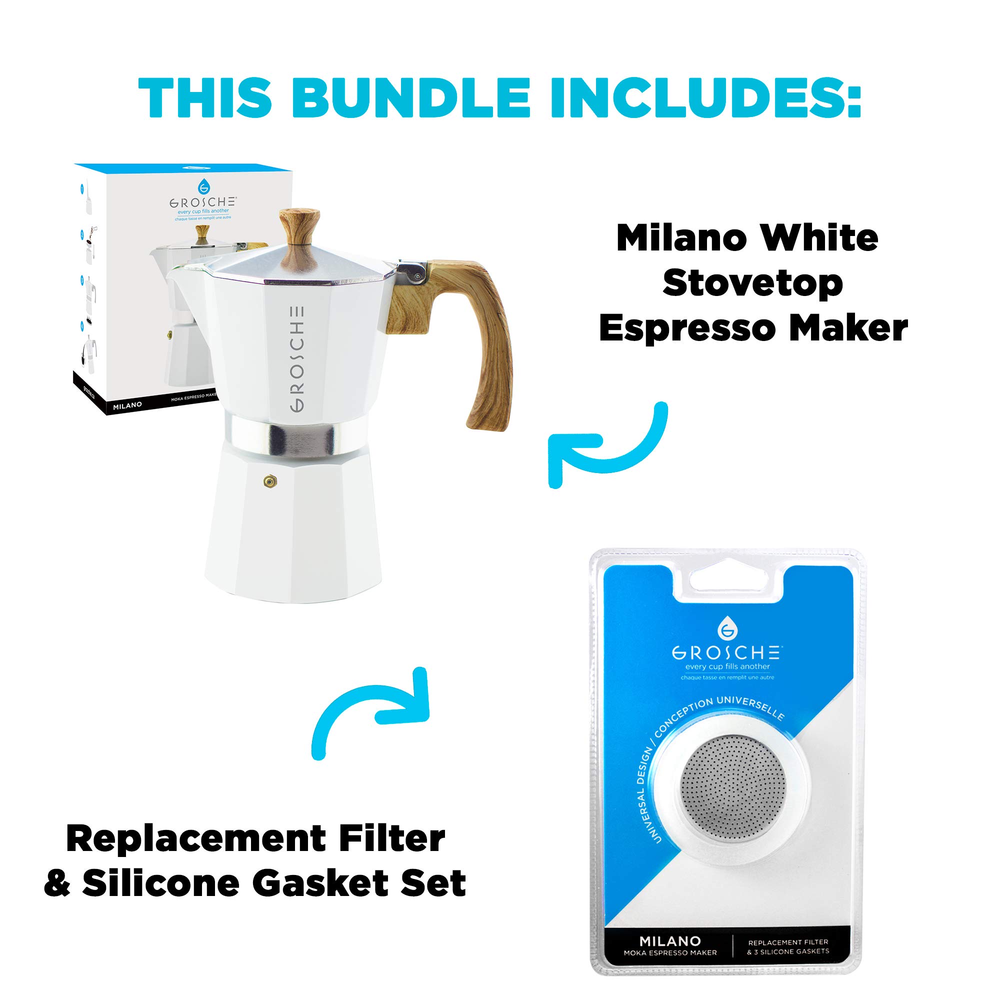 GROSCHE Milano Stovetop Espresso Maker Moka pot 3 espresso Cup - 5 oz, White and 3 Replacement Seals Gaskets Bundle Stove top coffee maker Moka Italian espresso coffee maker and replacement gaskets