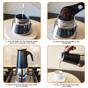 Stove Top Espresso Maker, Stainless Steel Moka Coffee Pot, Classic Stove Top Coffee Maker, Percolator Coffee Pot for Mocha, Latte, Cappuccino and more, Portable Coffee Pot Black (6-Cups/300ML)