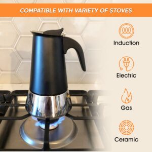 Stove Top Espresso Maker, Stainless Steel Moka Coffee Pot, Classic Stove Top Coffee Maker, Percolator Coffee Pot for Mocha, Latte, Cappuccino and more, Portable Coffee Pot Black (6-Cups/300ML)