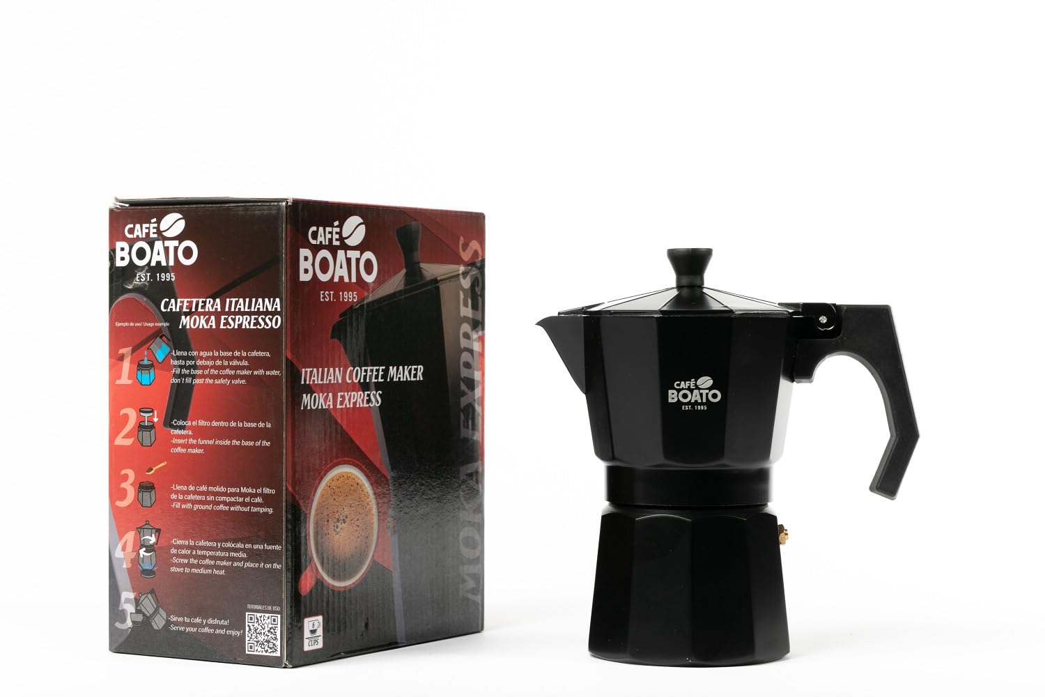 Cafe Boato Moka Pot 6 cup espresso, Black, Coffee Maker Stovetop, italian espresso