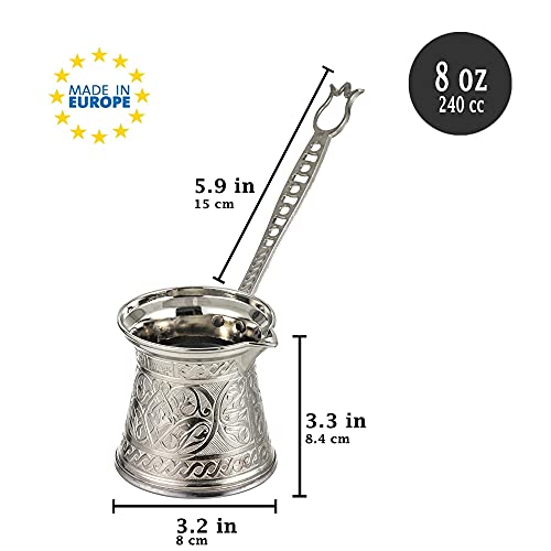 Turkish Coffee Pot, Moka Pot, Espresso Maker for the Stove Top, Camping Coffee Pot, Handmade Greek Arabic Coffee Warmer Cezve with Brass Handle, Stainless Steel Inside (Small 8 oz, Silver)