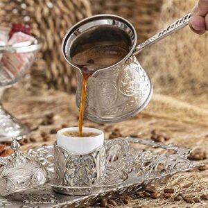 Turkish Coffee Pot, Moka Pot, Espresso Maker for the Stove Top, Camping Coffee Pot, Handmade Greek Arabic Coffee Warmer Cezve with Brass Handle, Stainless Steel Inside (Small 8 oz, Silver)