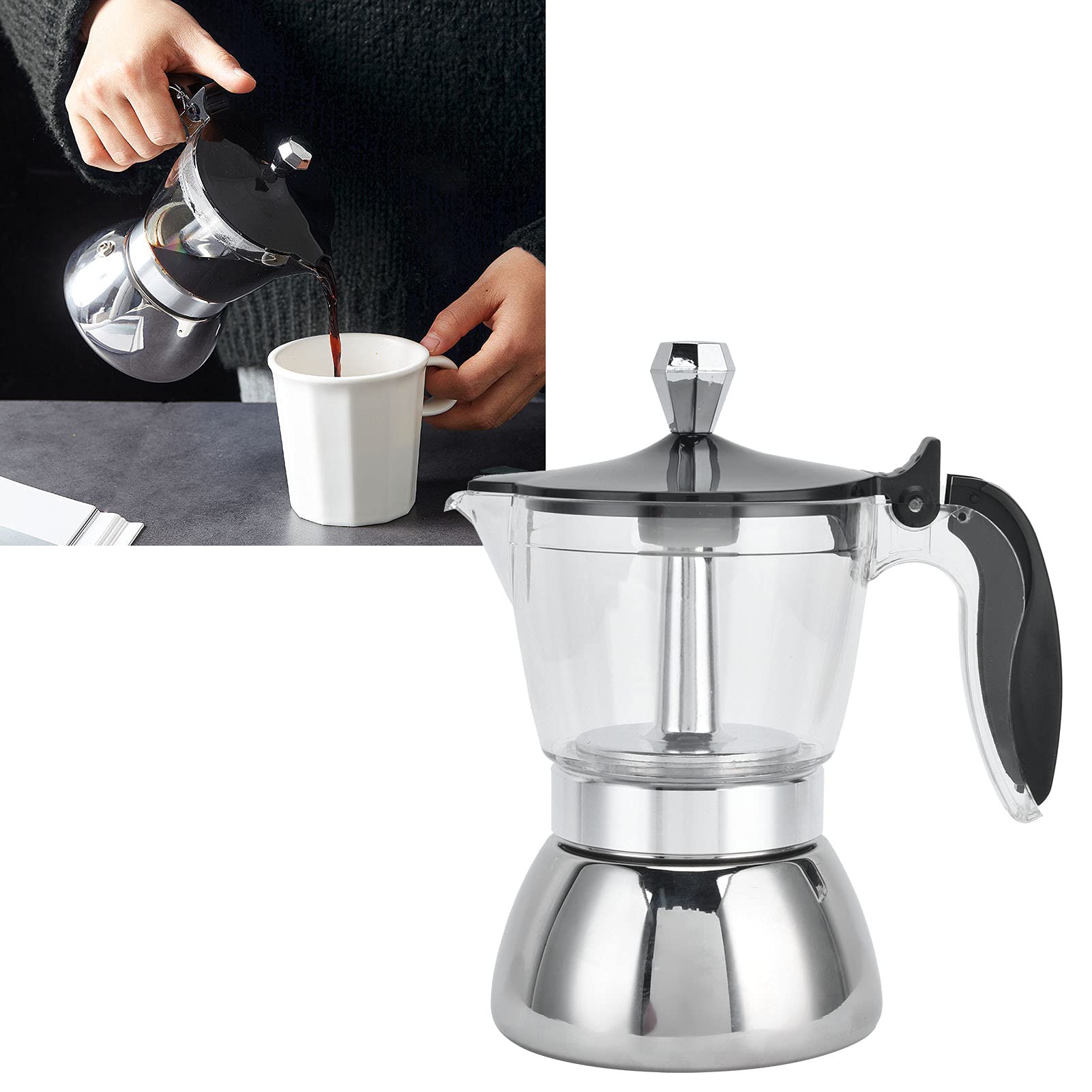 plplaaoo Stovetop Espresso and Coffee Maker,Moka Pot,Glass-Top Stovetop Espresso Moka Pot Stovetop Espresso Maker,Stainless Steel Coffee Maker Stovetop Moka Pot Coffee Maker Kitchen Supplies, sto