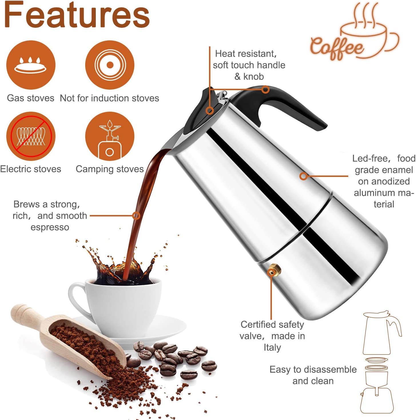 Italian Coffee Maker Moka Pot - Stovetop Espresso Maker Stainless Steel Moka Pot Percolator Coffee Pot, Classic Italian Coffee Maker Expresso Coffee Brewer,Sutiable for Induction Cookers (6 cup pot)