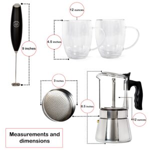 Ranza Home Moka Pot Stovetop Espresso Maker Set, With 9 Cup Coffee Percolator Pot, 2x Glass Coffee Mugs (12oz) and Milk Frother for Coffee. Stove Top Cafetera Greca, Cuban or Italian Coffee Maker