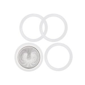 MEFONKOU 6 Cups Coffee Gasket for Bialetti Moka Aluminium Stove top Coffee Maker Pots Express - 4 Gasket and 1 Stainless Filter