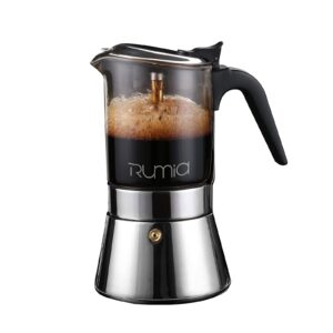 rumia stainless steel &glass stovetop moka pot，classic italian style espresso cup moka pot，easy to operate & quick cleanup moka pot (6 cup)