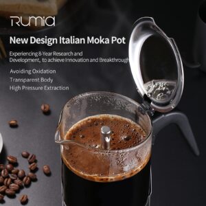 Rumia Stainless Steel &Glass Stovetop Moka Pot，Classic Italian Style Espresso Cup Moka Pot，Easy to Operate & Quick Cleanup Moka Pot (6 Cup)