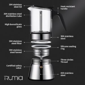 Rumia Stainless Steel &Glass Stovetop Moka Pot，Classic Italian Style Espresso Cup Moka Pot，Easy to Operate & Quick Cleanup Moka Pot (6 Cup)