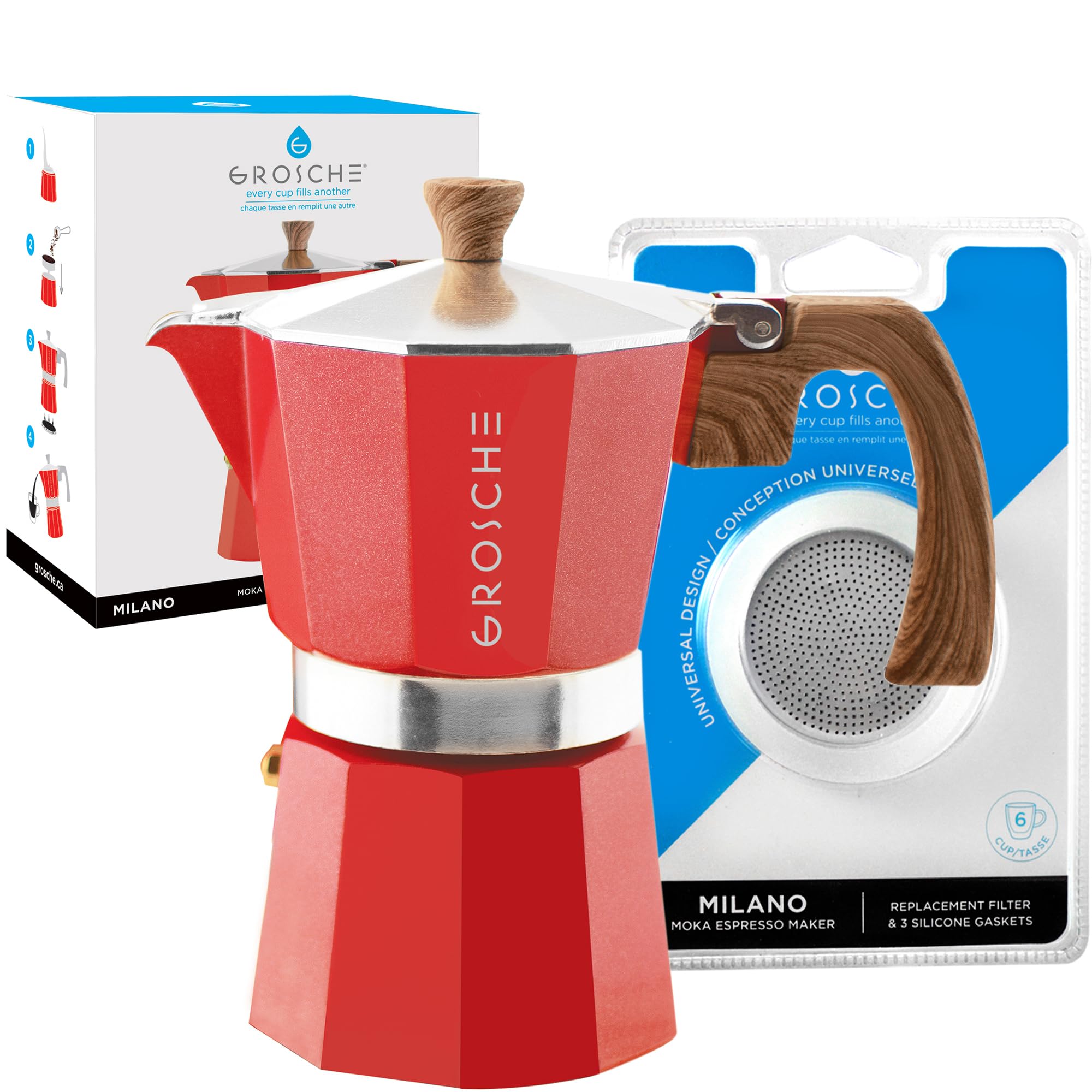 GROSCHE Milano Stovetop Espresso Maker Moka pot 6 espresso Cup - 9.3 oz, Red and 3 Replacement Seals Gaskets Bundle Stove top coffee maker Moka Italian espresso coffee maker and replacement gaskets