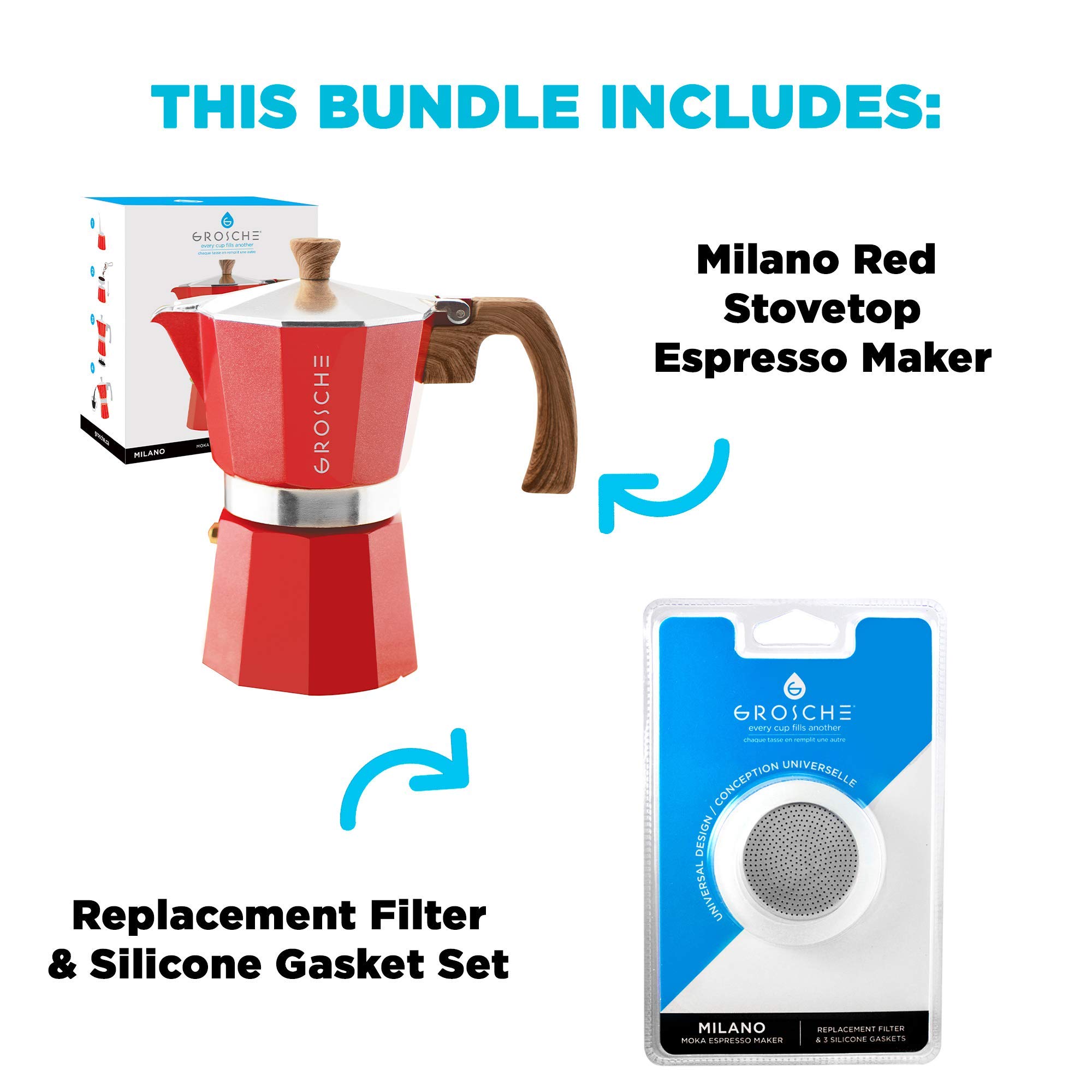 GROSCHE Milano Stovetop Espresso Maker Moka pot 6 espresso Cup - 9.3 oz, Red and 3 Replacement Seals Gaskets Bundle Stove top coffee maker Moka Italian espresso coffee maker and replacement gaskets