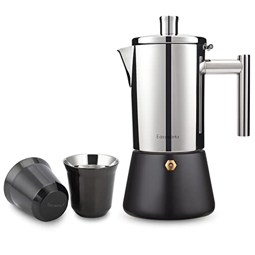 Easyworkz Diego Stovetop Espresso Maker, Bundled With Stainless Steel Espresso Cup 2pcs Set Double Wall Insulated Metal Demitasse Cups