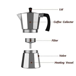 Xiaozan Stovetop Espresso Maker, 6 Cup Moka Pot, Classic Italian Style Espresso Pot, Easy to Operate & Quick Cleanup, Food Grade Aluminium, Silver