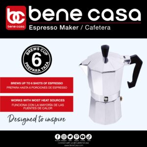 Bene Casa BC Classics BC-17730 6-Cup Aluminum Espresso Maker, Silver