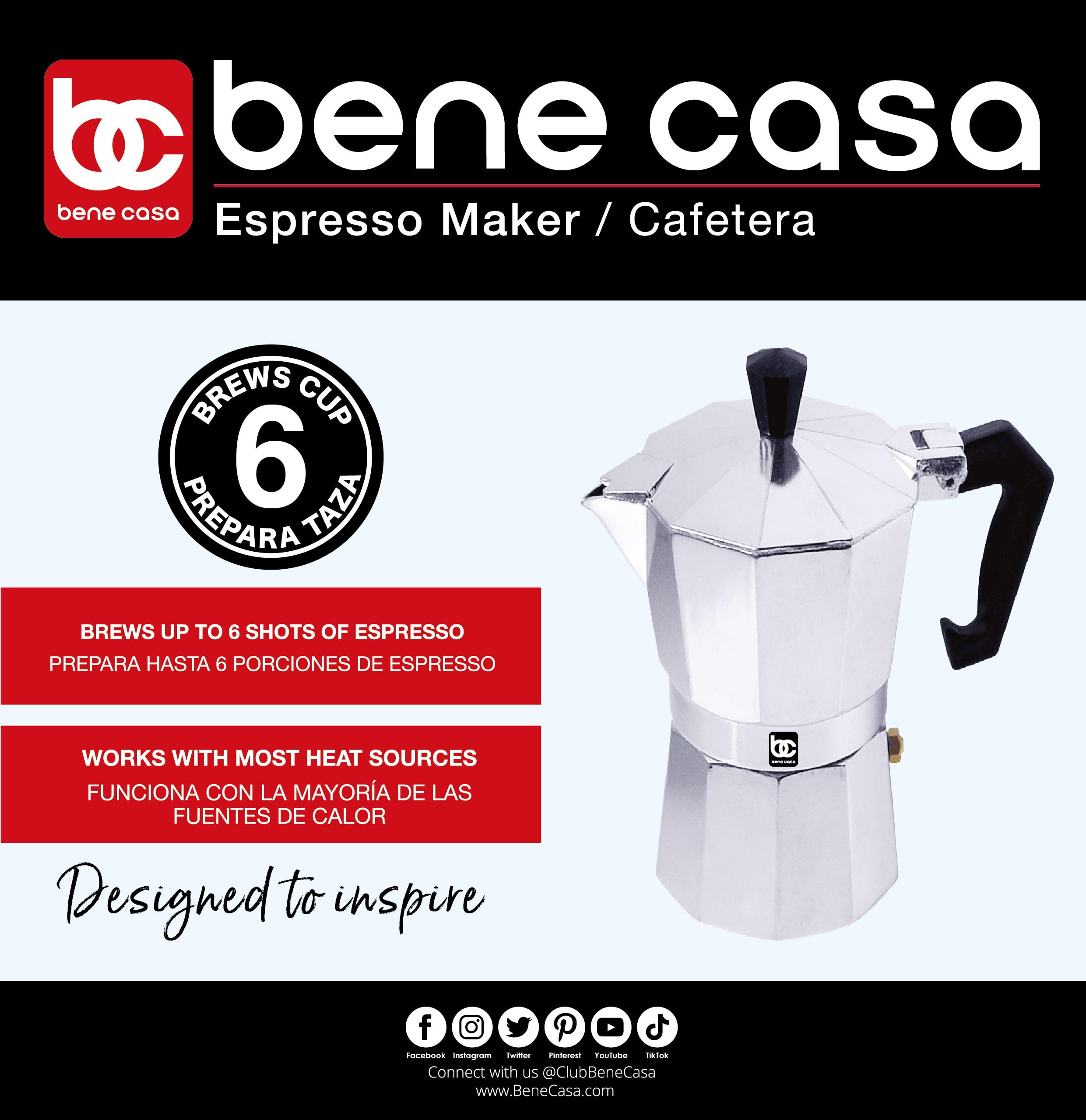 Bene Casa BC Classics BC-17730 6-Cup Aluminum Espresso Maker, Silver