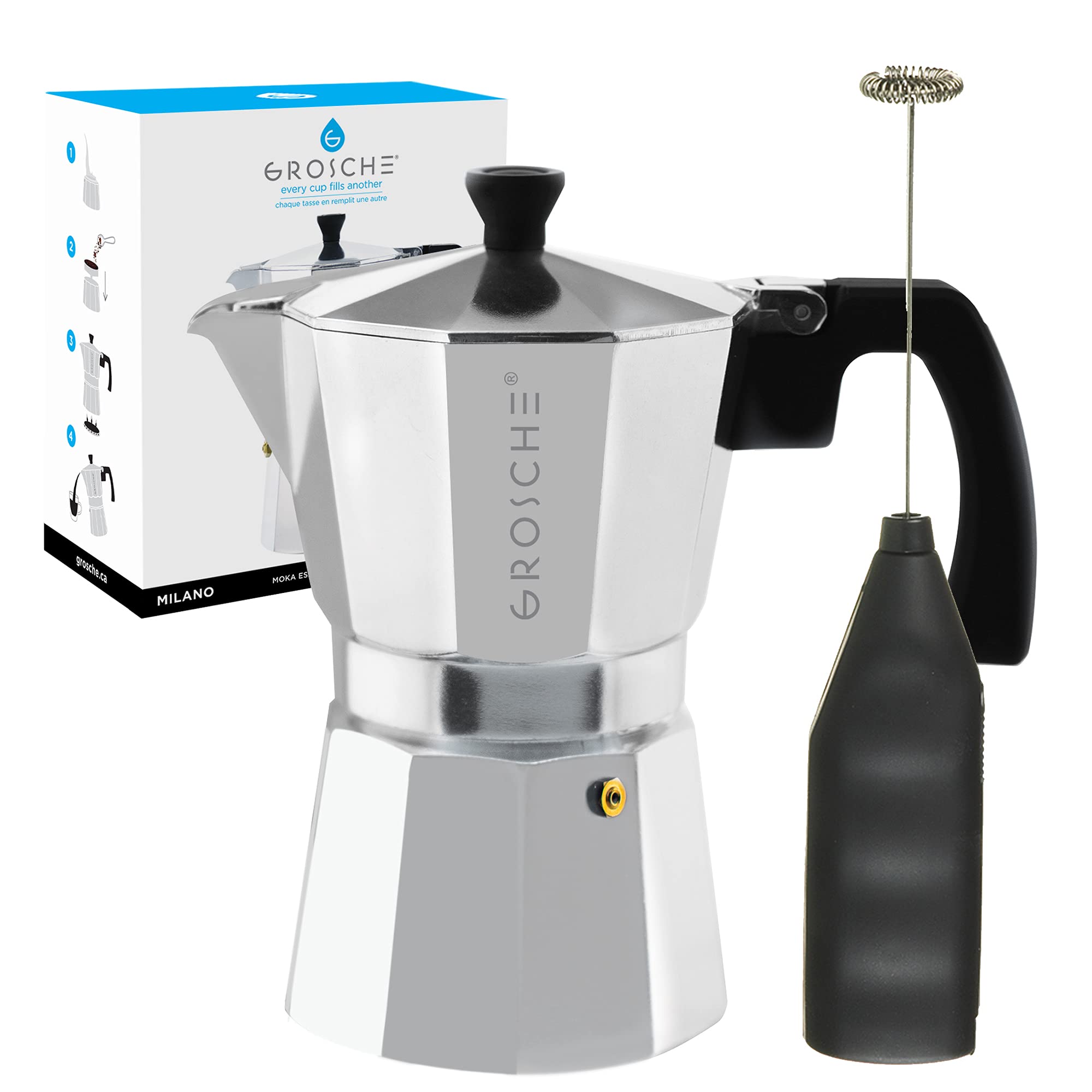 GROSCHE Milano Stove top espresso maker (6 espresso cup size 9.3 oz) Silver, and battery operated milk frother bundle for lattes