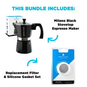 GROSCHE Milano Stovetop Espresso Maker Moka pot 3 espresso Cup - 5 oz, Black and 3 Replacement Seals Gaskets Bundle Stove top coffee maker Moka Italian espresso coffee maker and replacement gaskets