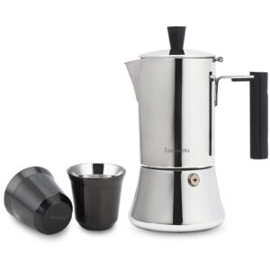 easyworkz pedro stovetop espresso maker 200ml, bundled with stainless steel espresso cup 2pcs set double wall insulated metal demitasse cups, 75ml