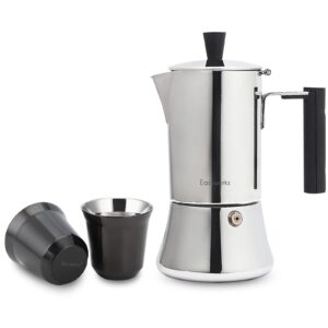 Easyworkz Pedro Stovetop Espresso Maker 200ml, Bundled With Stainless Steel Espresso Cup 2pcs Set Double Wall Insulated Metal Demitasse Cups, 75ml