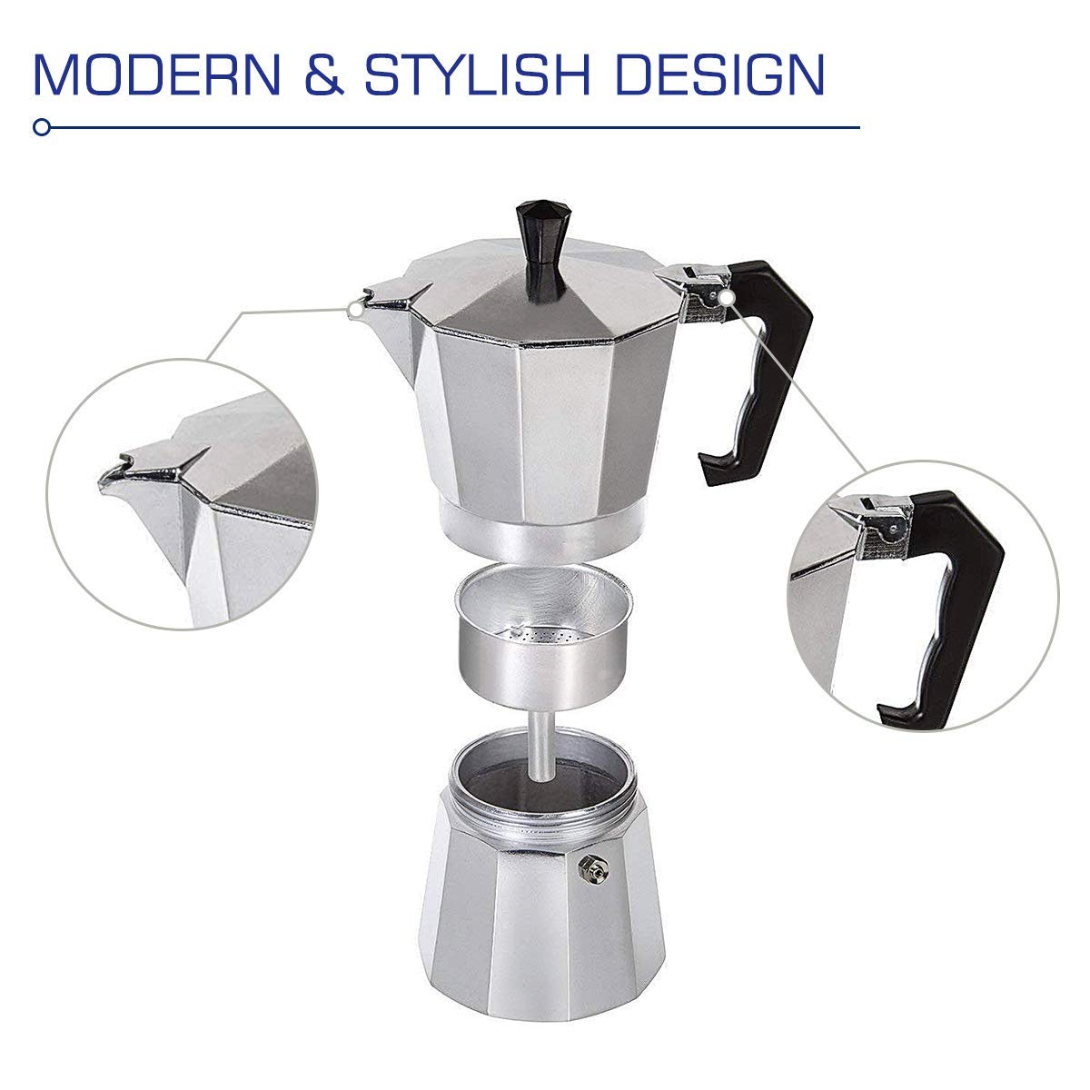 Aluminum Italian Type Moka Pot Stovetop Espresso Coffee Maker Stove Espresso Shot Maker Home Office Use for Gas or Electric Stove (300ML 6 Cups)