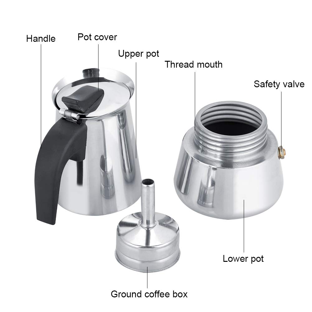 Fdit Portable Stainless Steel Coffee Pot Moka Espresso Maker Mocha Pot Moka Stove 100ml/200ml/300ml/450ml (1#)