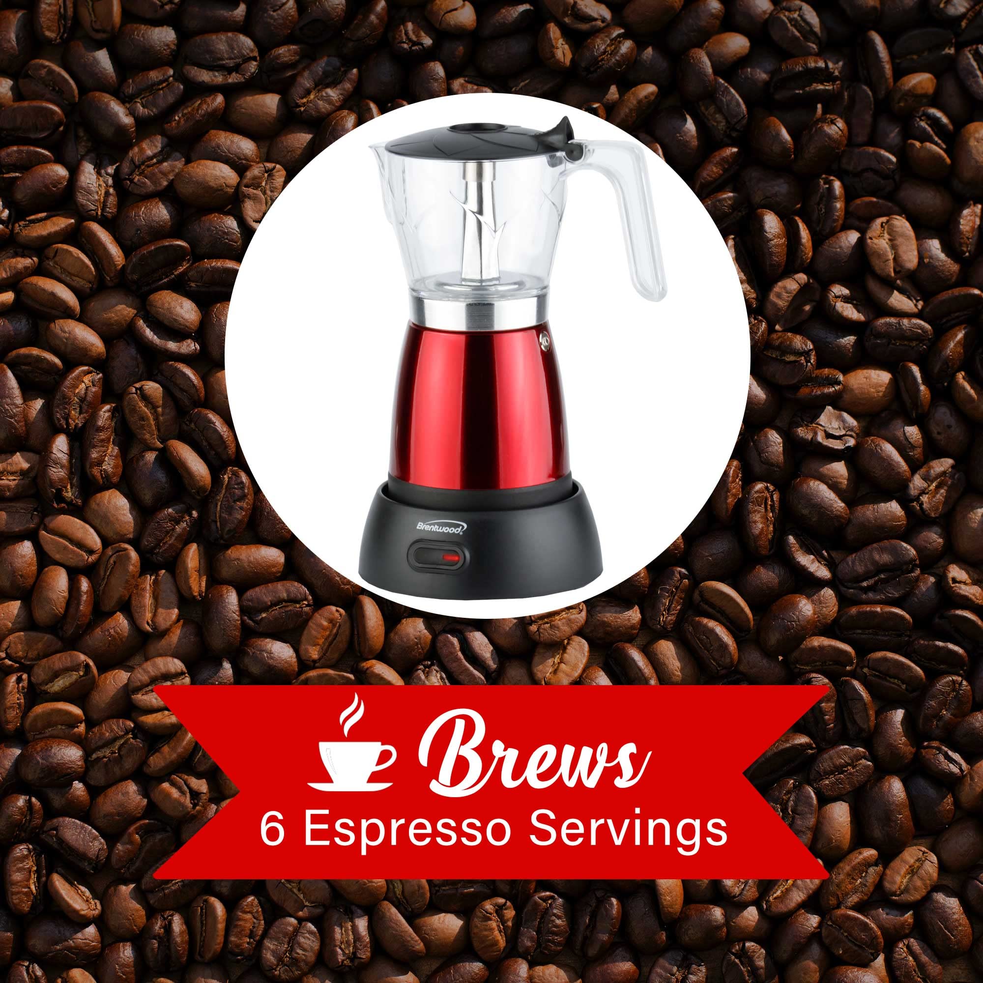 Brentwood TS-119R Electric Moka Pot Espresso Machine, 6 servings, Red