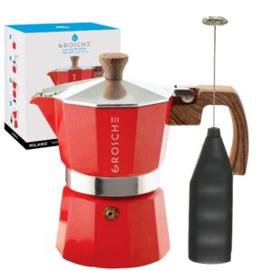 grosche milano stove top espresso maker (3 espresso cup size 5 oz) red, and battery operated milk frother bundle for lattes