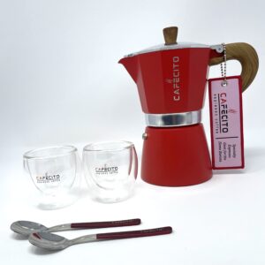 cuban coffee starter kit | cafecito 6 cups moka pot red | 2 cups spoons set | cafetera cubana stovetop espresso maker red | 2 cups spoons set