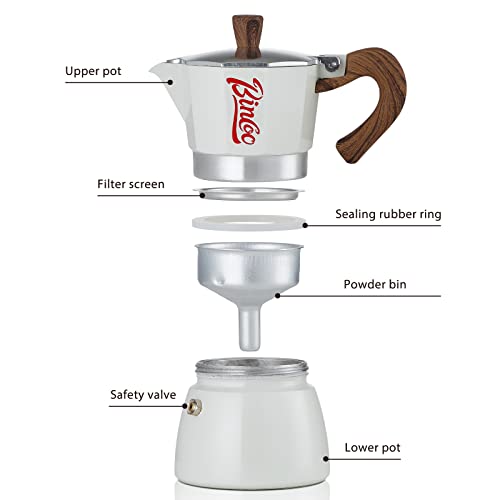 Bincoo 300ML Moka Pot Espresso Maker,Aluminum Moka Pot 6 Espresso Cups,Stovetop Italian Coffee Maker for Mocha Cappuccinos,Lattes（Off-white）