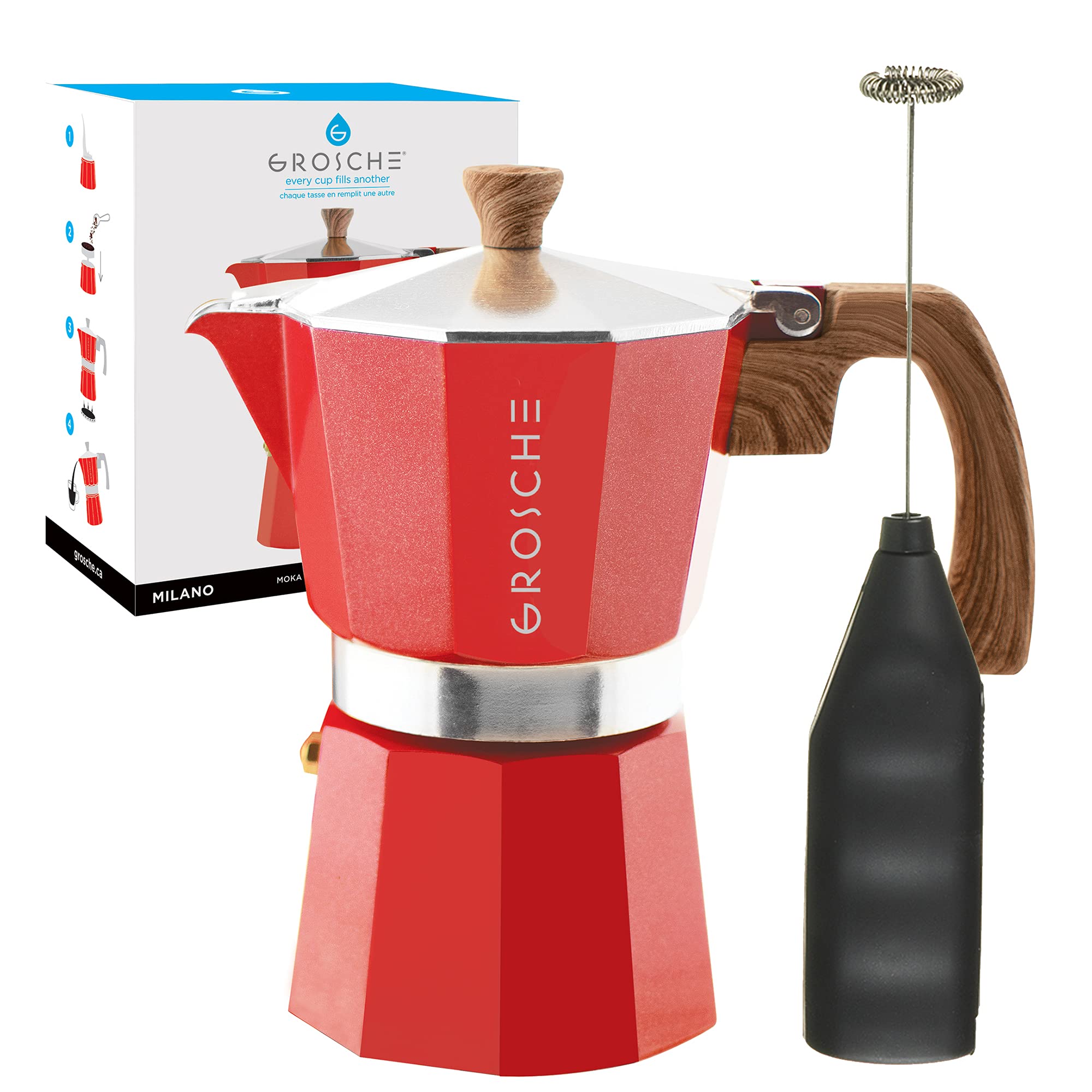 GROSCHE Milano Stove top espresso maker (6 espresso cup size 9.3 oz) Red, and battery operated milk frother bundle for lattes