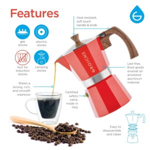 GROSCHE Milano Stove top espresso maker (6 espresso cup size 9.3 oz) Red, and battery operated milk frother bundle for lattes