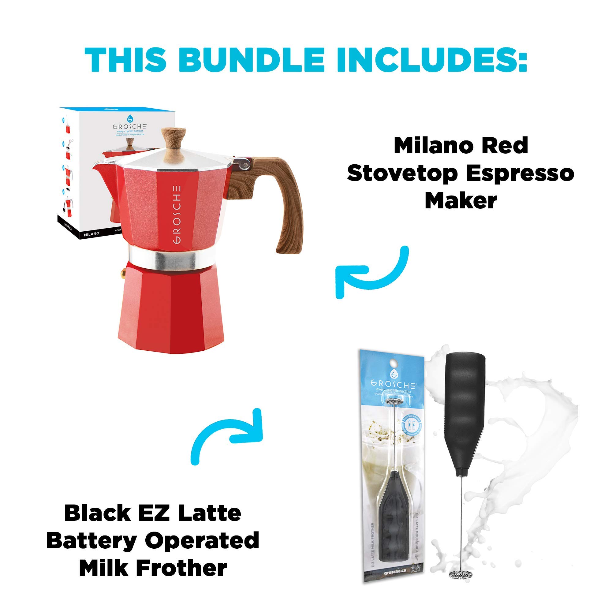 GROSCHE Milano Stove top espresso maker (6 espresso cup size 9.3 oz) Red, and battery operated milk frother bundle for lattes