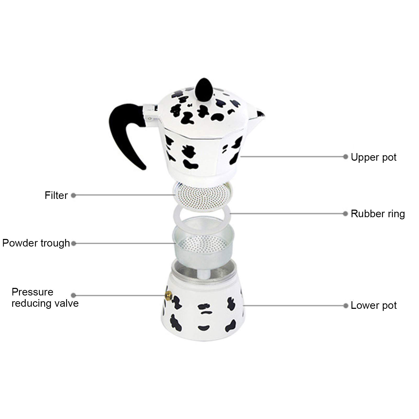 Aluminium Coffee Pot - Coffee Maker - Milk Cow Color Moka Pot - for Home Coffee Shop Use(3 cups milk cow color 150ML)