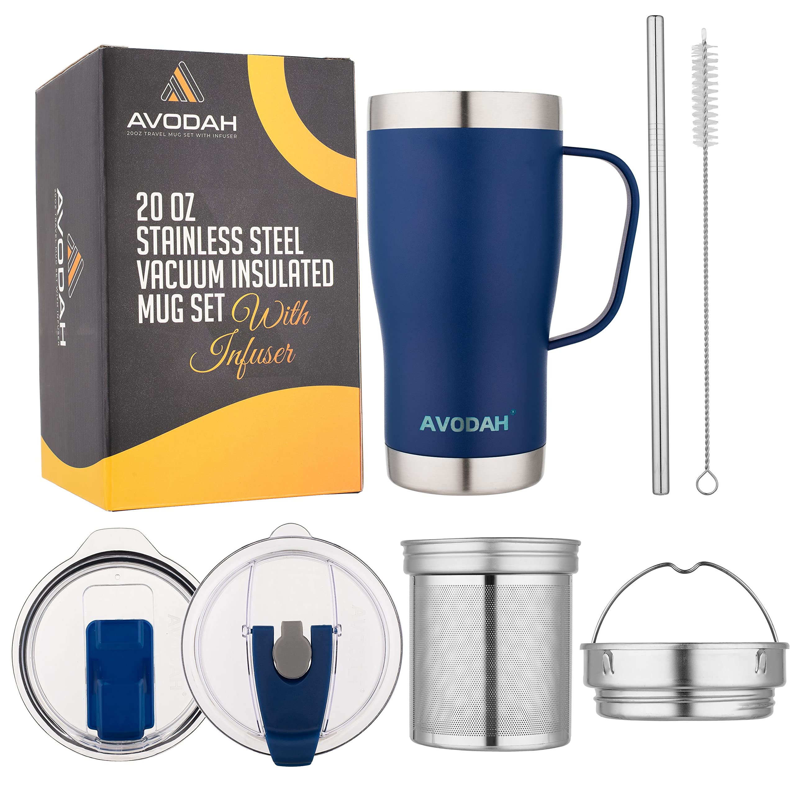 AVODAH 20 oz Tea Cup with Tea Infuser and Lid. Tea Infuser Mug with Tea Strainer, Two Lids & Straw. Coffee Travel Mug with Tea Accessories for Cold Brew (Blue)