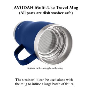 AVODAH 20 oz Tea Cup with Tea Infuser and Lid. Tea Infuser Mug with Tea Strainer, Two Lids & Straw. Coffee Travel Mug with Tea Accessories for Cold Brew (Blue)