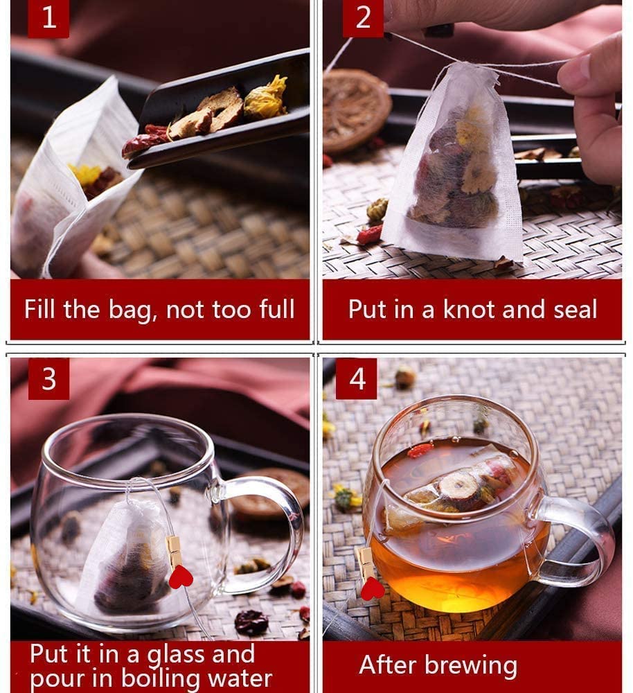 300 piece disposable tea bag with drawstring for loose tea, empty tea bag of wood pulp material,Tea filter bag with free tea spoon, suitable for loose tea, coffee, spices, herbs (3.54 x 2.75 inch)
