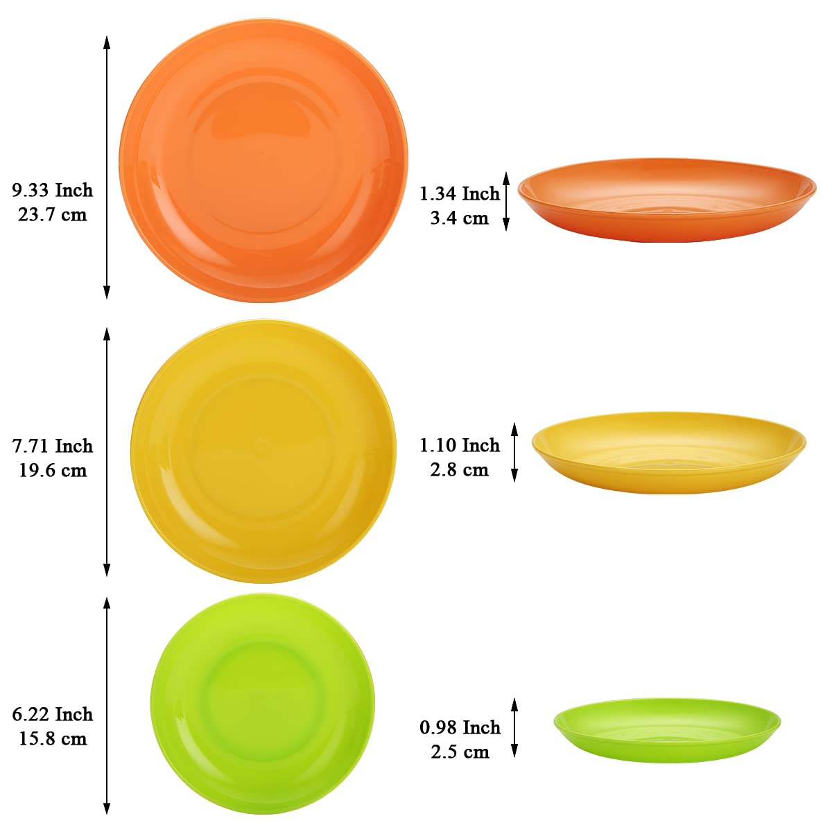 Evanda Plastic Plates Set of 12 Pieces, Dinner Plates 3 Size 6.25/7.75/9.25 inch Unbreakable Reusable Dishes for All Purpose and All Age, Microwave Safe BPA Free Dishwasher Safe