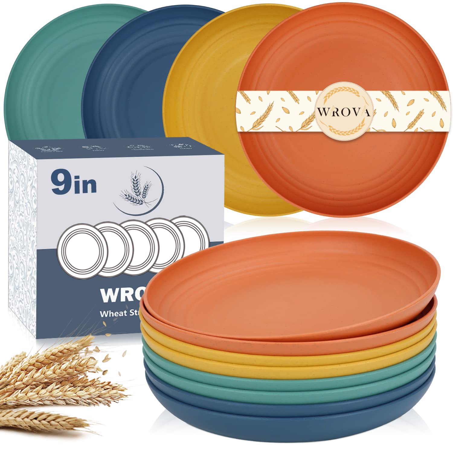 Wrova Wheat Straw Plates - 9 Inch Unbreakable Dinner Plates Set of 8 - Dishwasher & Microwave Safe Plastic Plates Reusable - Lightweight Plates for kitchen,camping (Colorful Series)