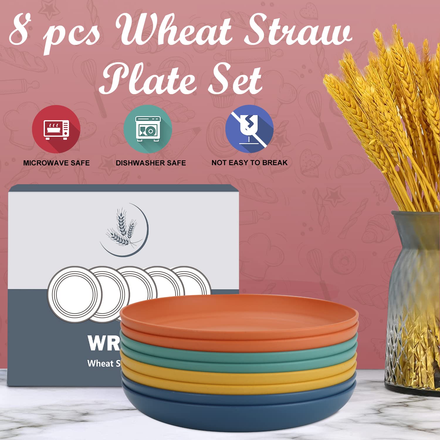 Wrova Wheat Straw Plates - 9 Inch Unbreakable Dinner Plates Set of 8 - Dishwasher & Microwave Safe Plastic Plates Reusable - Lightweight Plates for kitchen,camping (Colorful Series)