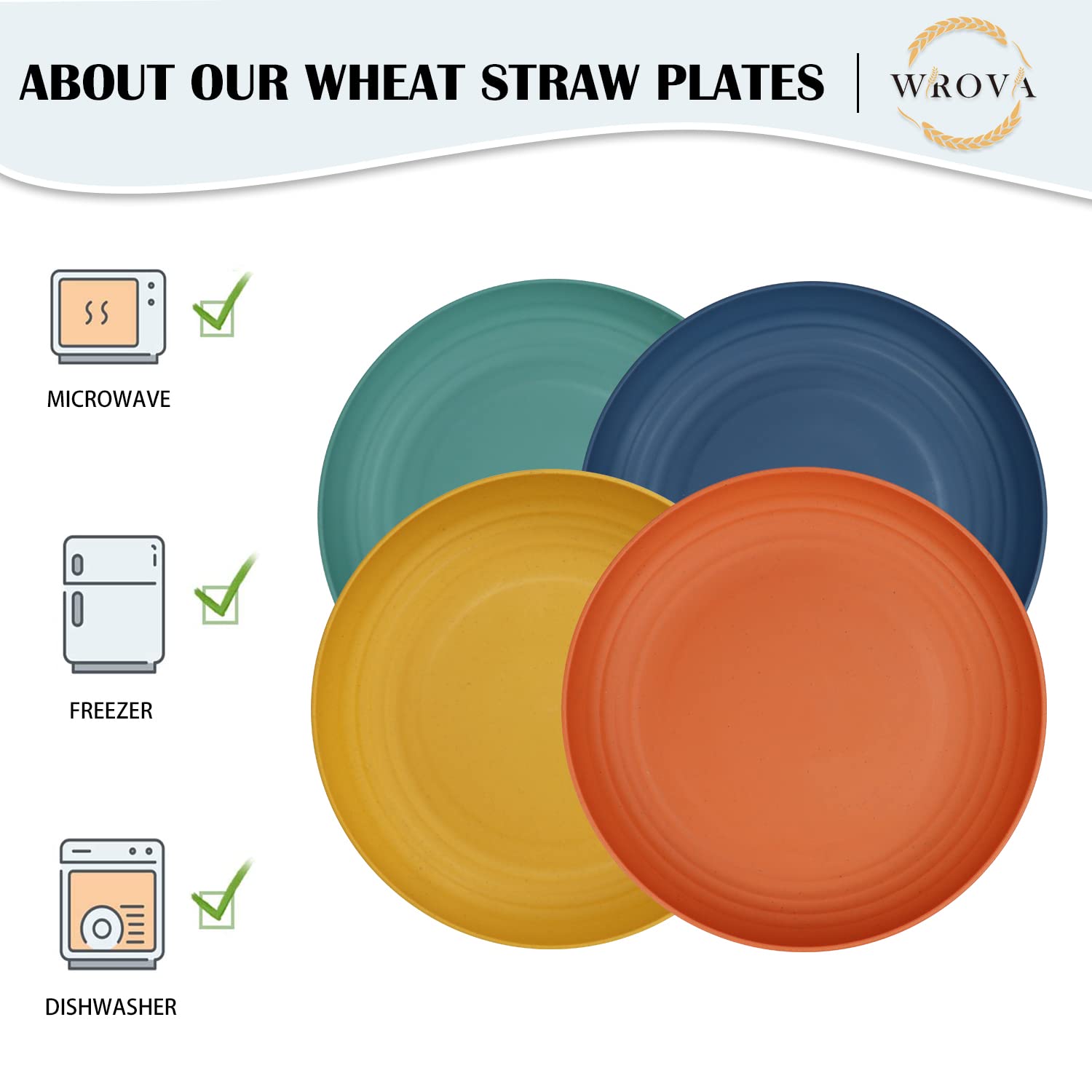 Wrova Wheat Straw Plates - 9 Inch Unbreakable Dinner Plates Set of 8 - Dishwasher & Microwave Safe Plastic Plates Reusable - Lightweight Plates for kitchen,camping (Colorful Series)