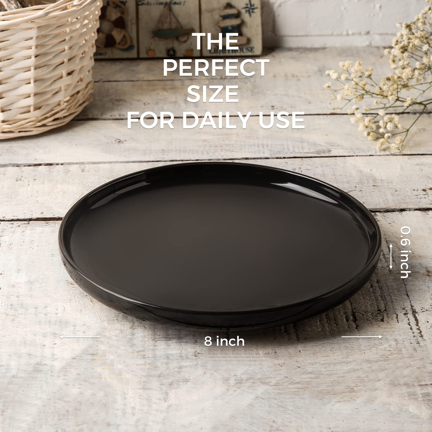 AmorArc Ceramic Plates Set of 6, 8.0 Inch Round Stoneware Salad Plates Use for Dessert, Salad, Appetizer etc,Microwave and Dishwasher Safe, Scratch Resistant Small Deep Dinner Plates-BLACK