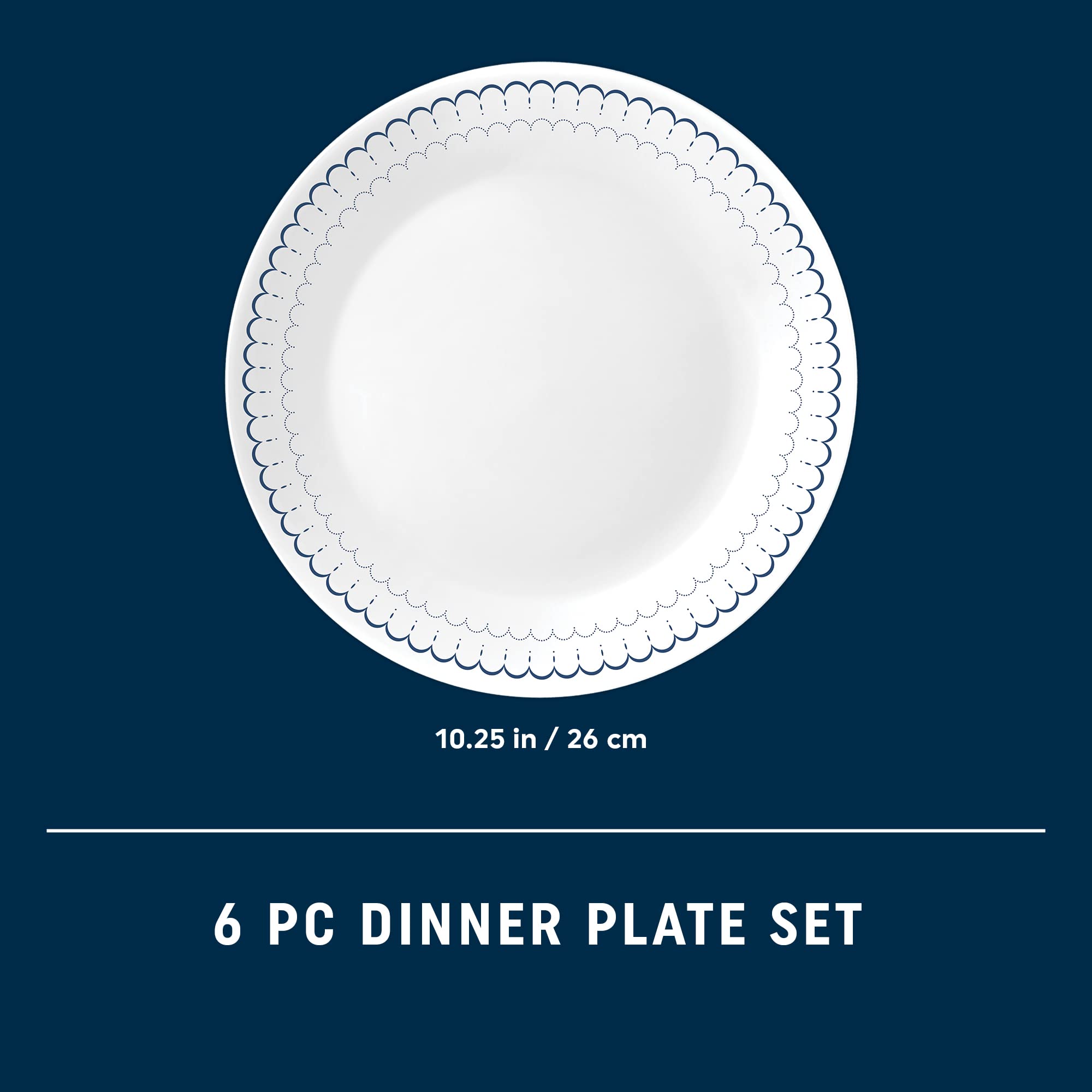 Corelle 6-Piece 10.25" Dinner Round Plates, Vitrelle Triple Layer Glass, Lightweight Round Plates, Large Round Plates, Chip and Scratch Resistant, Microwave and Dishwasher Safe, Caspian