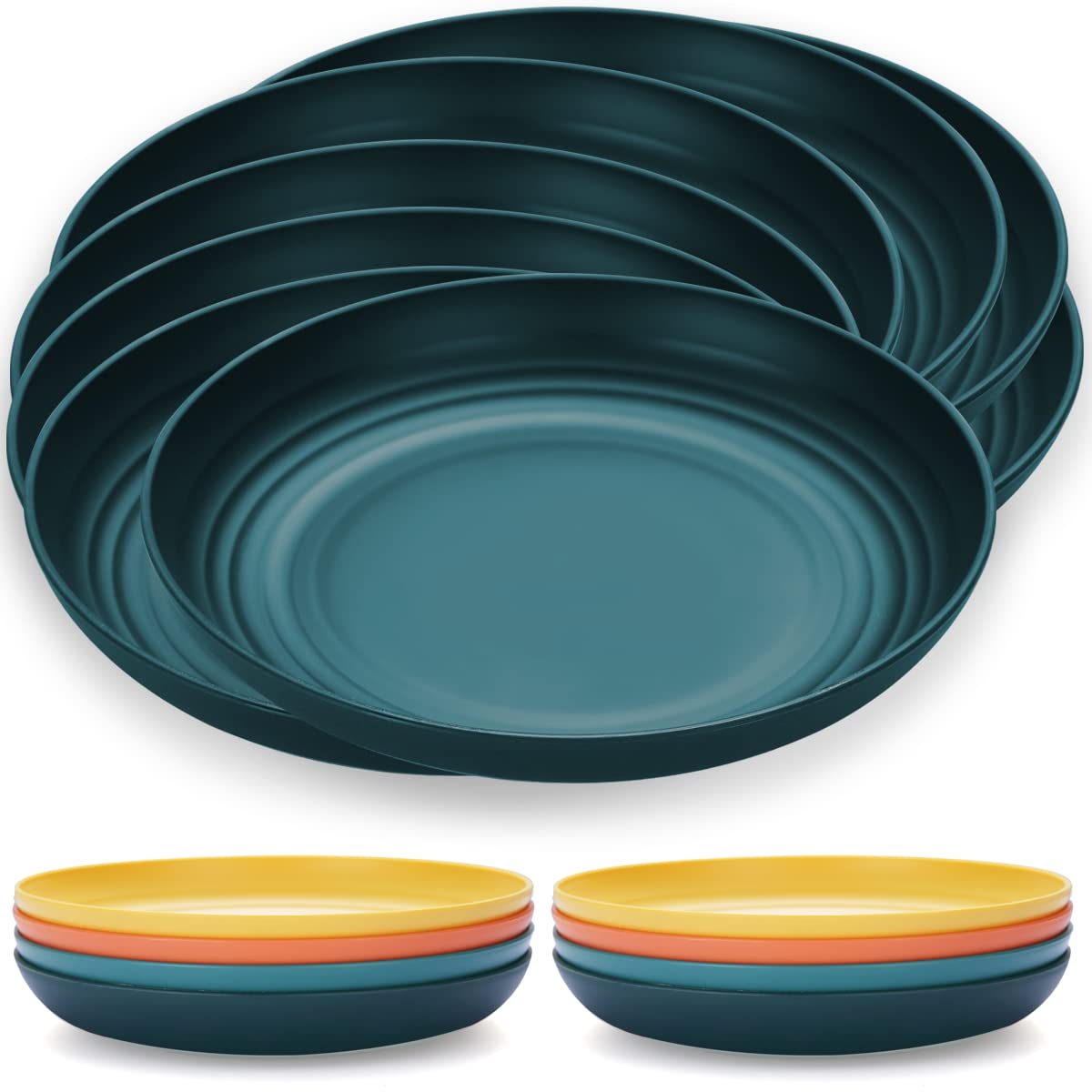 Kyraton 9 Inch Large Deep Plastic Plates 8 Pieces, Unbreakable And Reusable Light Weight Dinner Plates Pasta and Dumpling Bowl Microwave Safe BPA Free Dishwasher Safe (Dark Green)