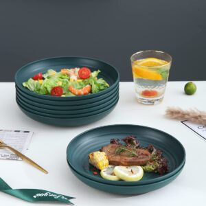 Kyraton 9 Inch Large Deep Plastic Plates 8 Pieces, Unbreakable And Reusable Light Weight Dinner Plates Pasta and Dumpling Bowl Microwave Safe BPA Free Dishwasher Safe (Dark Green)