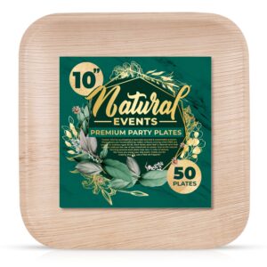 natural events 10" premium palm leaf plates - disposable dinnerware party set for main entree dishes, heavy duty bamboo wood, 100% compostable, biodegradable & eco-friendly (10 inch square, 50 pack)