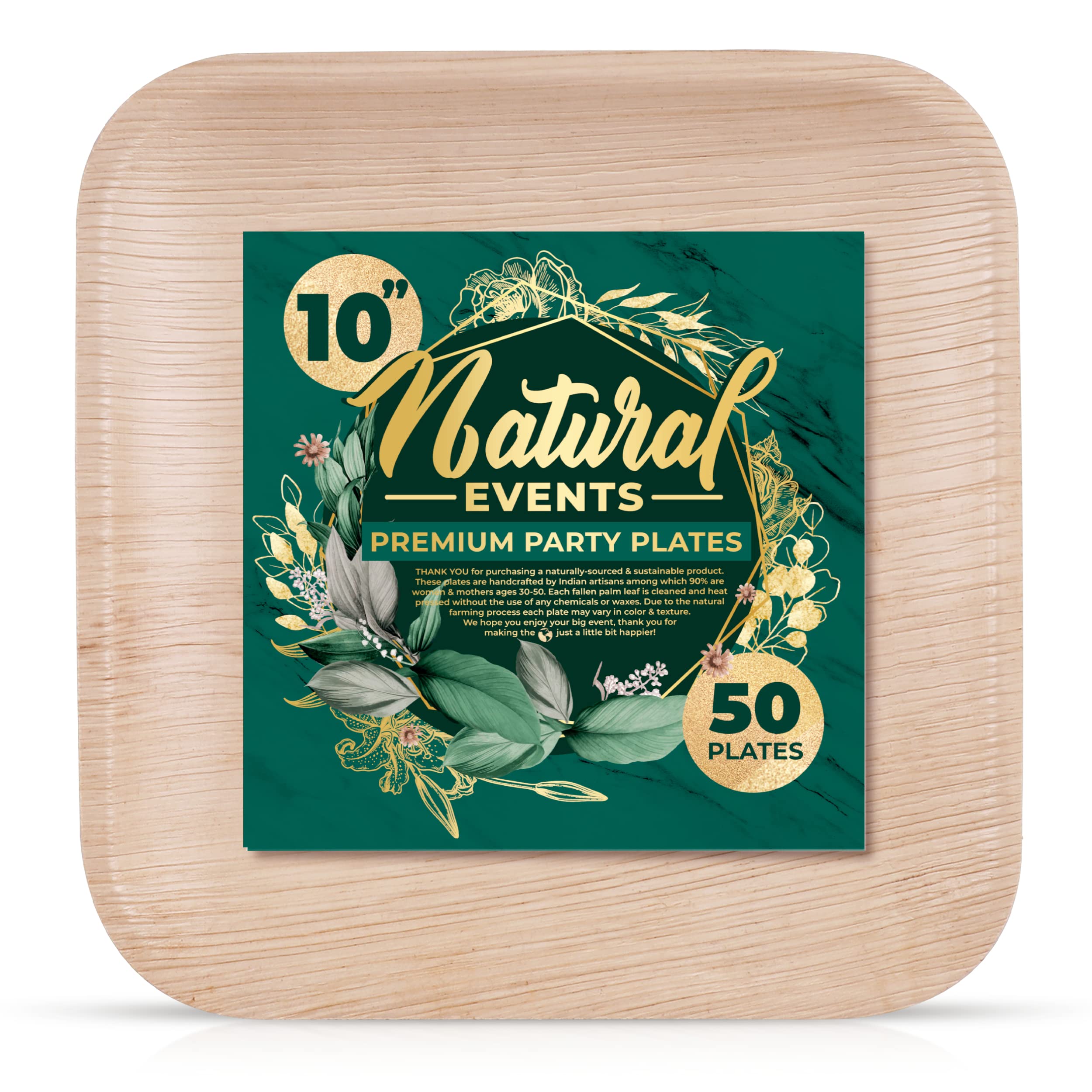 Natural Events 10" Premium Palm Leaf Plates - Disposable Dinnerware Party Set for Main Entree Dishes, Heavy Duty Bamboo Wood, 100% Compostable, Biodegradable & Eco-Friendly (10 Inch Square, 50 Pack)