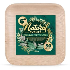 natural events 6" premium palm leaf plates - disposable party set for charcuterie appetizers & desserts, heavy duty bamboo wood, 100% compostable, biodegradable & eco-friendly (6 inch square, 50 pack)