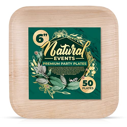 Natural Events 6" Premium Palm Leaf Plates - Disposable Party Set for Charcuterie Appetizers & Desserts, Heavy Duty Bamboo Wood, 100% Compostable, Biodegradable & Eco-Friendly (6 Inch Square, 50 Pack)