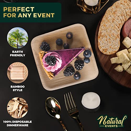 Natural Events 6" Premium Palm Leaf Plates - Disposable Party Set for Charcuterie Appetizers & Desserts, Heavy Duty Bamboo Wood, 100% Compostable, Biodegradable & Eco-Friendly (6 Inch Square, 50 Pack)