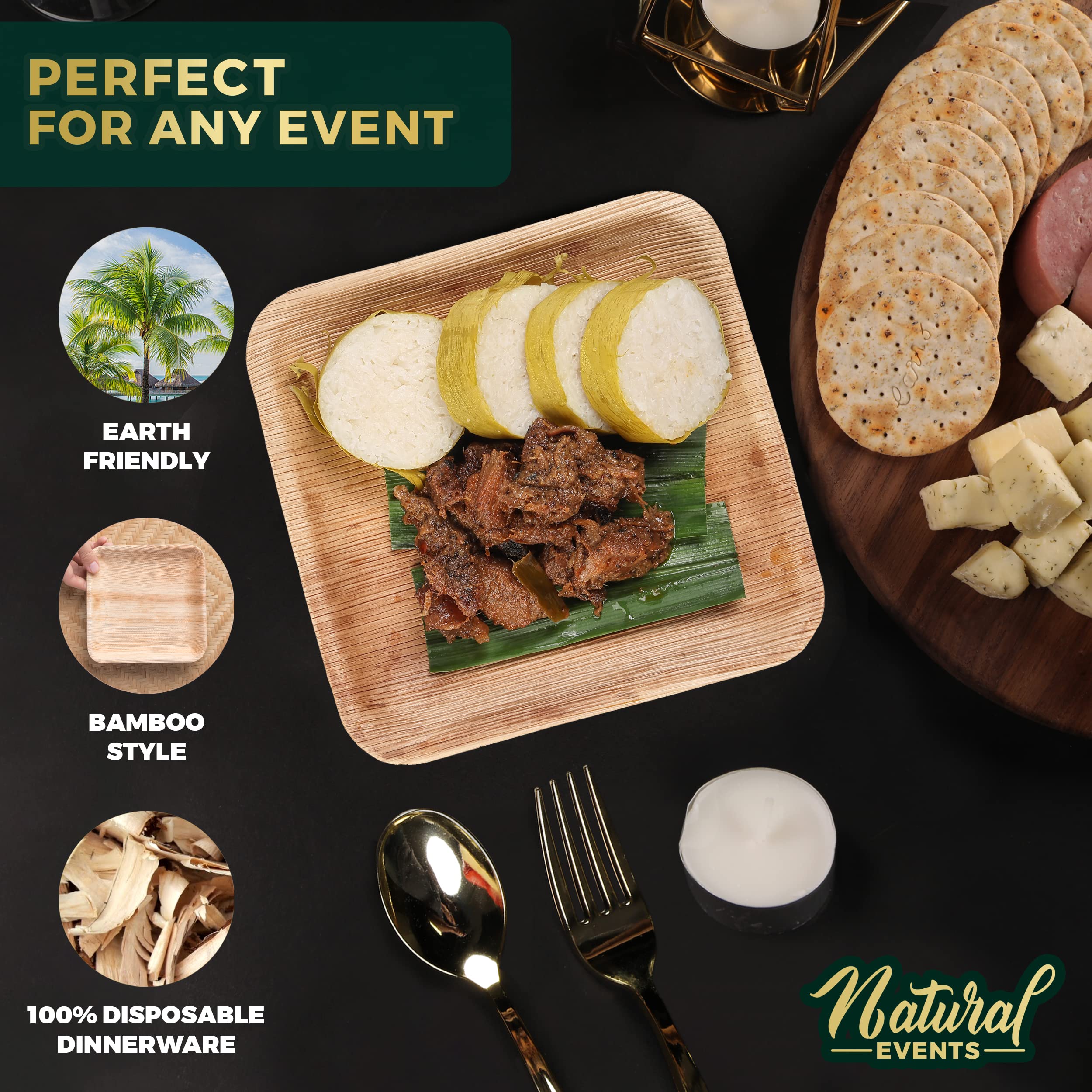 Natural Events 10" Premium Palm Leaf Plates - Disposable Dinnerware Party Set for Main Entree Dishes, Heavy Duty Bamboo Wood, 100% Compostable, Biodegradable & Eco-Friendly (10 Inch Square, 50 Pack)